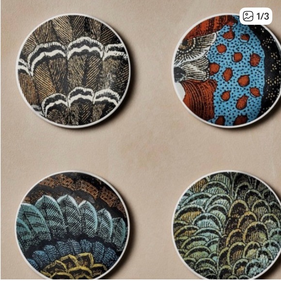 John Derian  x Target‎ Earthenware Fall Turkey Coasters / Set of 4- Feathers - Picture 1 of 3